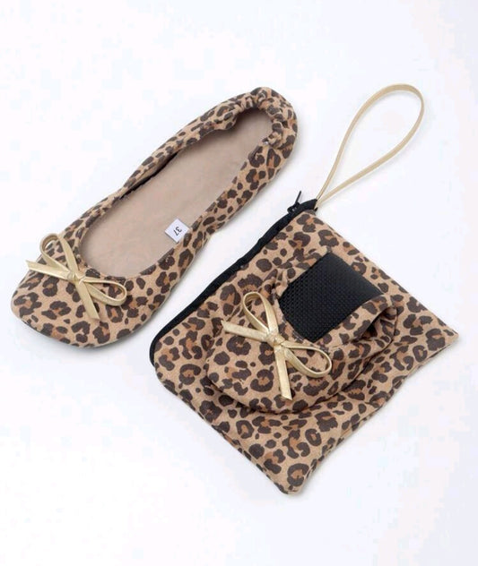 Leopard Print Foldable Ballet Flats & Bag